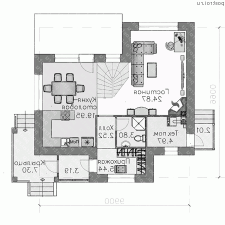 L-128-1P проект двухэтажного коттеджа из газобетона размером 10 на 10  - 1-й этаж