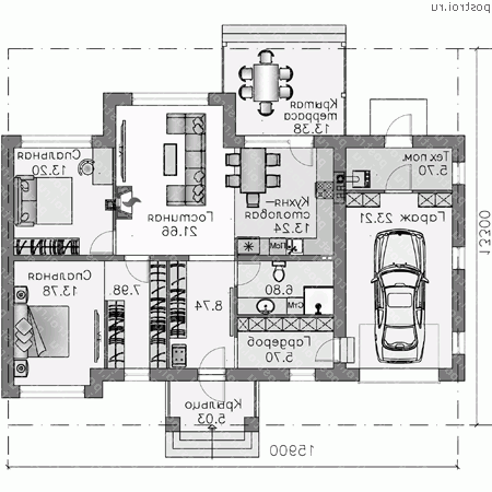 L-129-1P проект одноэтажного коттеджа из газобетона с гаражом размером 13 на 16  - 1-й этаж