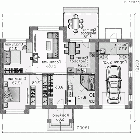 L-129-1P проект одноэтажного коттеджа из газобетона с гаражом размером 13 на 16  - 1-й этаж (вариант 2)