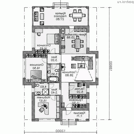 L-137-1P проект одноэтажного дома из газобетона размером 12 на 19  - 1-й этаж (вариант 2)