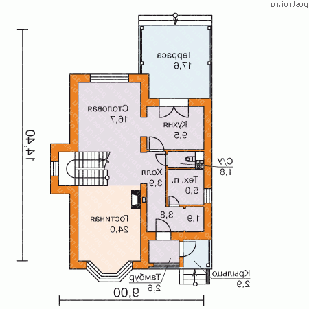 L-144-1P проект двухэтажного дома из газобетона размером 14 на 9 - 1-й этаж