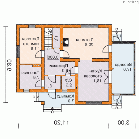 L-171-1P проект одноэтажного дома из пеноблоков с мансардой размером 10 на 12  - 1-й этаж