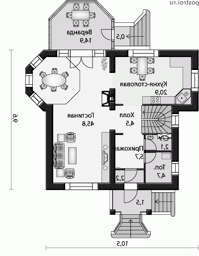 L-184-1K проект двухэтажного дома из кирпича размером 10 на 11 - 1-й этаж