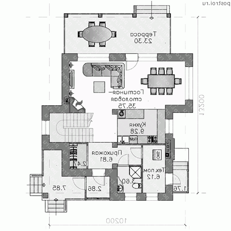 L-193-1P проект двухэтажного коттеджа из пенобетона с мансардой размером 13 на 10 - 1-й этаж L-193-1P проект двухэтажного коттеджа из пенобетона с мансардой размером 13 на 10 - 1-й этаж