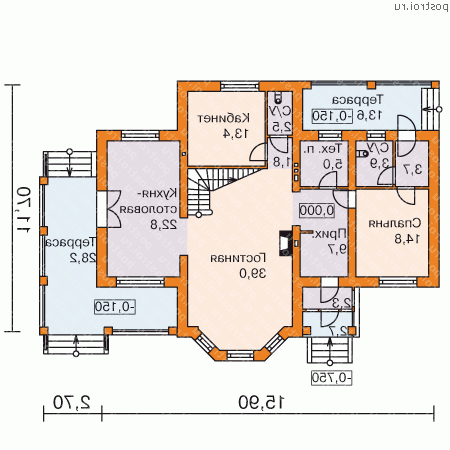 L-230-1P проект двухэтажного коттеджа из газобетона размером 12 на 16  - 1-й этаж