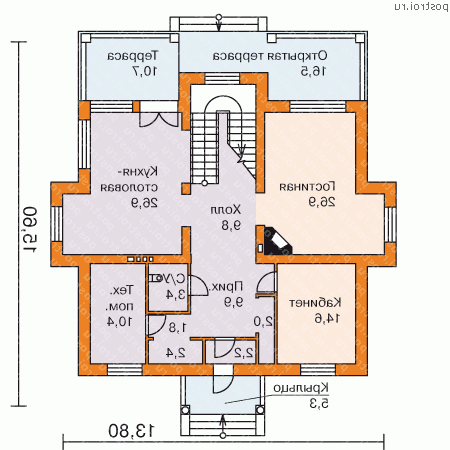 L-233-1P проект двухэтажного дома из газобетона размером 16 на 14  - 1-й этаж