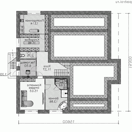 L-291-1P проект двухэтажного дома из пеноблоков с цоколем и мансардой размером 15 на 16  - цоколь
