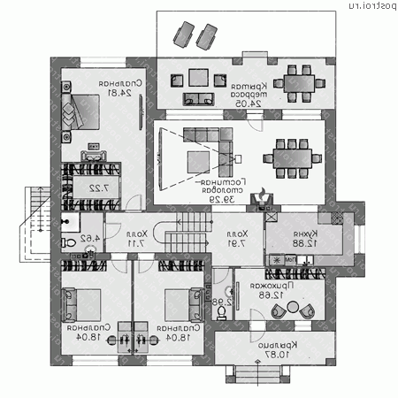 L-291-1P проект двухэтажного дома из пеноблоков с цоколем и мансардой размером 15 на 16  - 1-й этаж