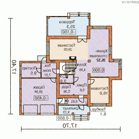 L-296-1K проект двухэтажного дома из кирпича с гаражом размером 17 на 18 - 1-й этаж