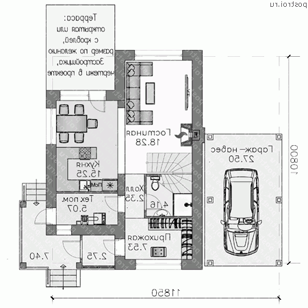 M-110-2P проект двухэтажного коттеджа из пенобетона с гаражом размером 11 на 12 - 1-й этаж