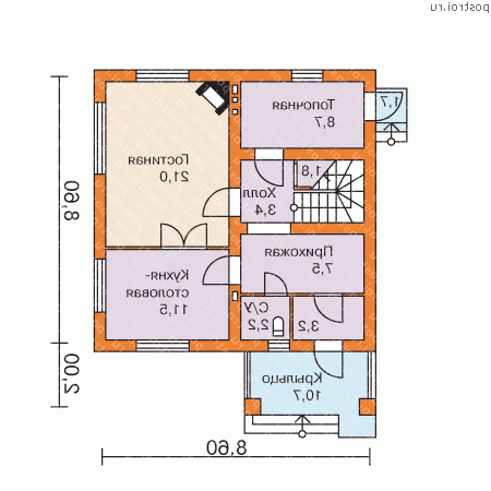 M-124-1P проект одноэтажного коттеджа из газобетона с мансардой размером 11 на 9  - 1-й этаж