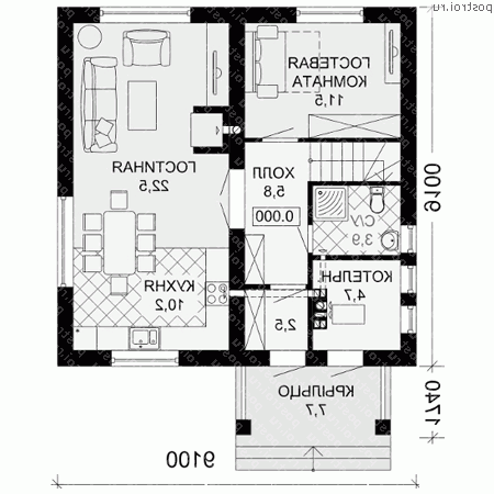 M-124-2P проект одноэтажного коттеджа из газобетона с мансардой размером 9 на 9 - 1-й этаж M-124-2P проект одноэтажного коттеджа из газобетона с мансардой размером 9 на 9 - 1-й этаж