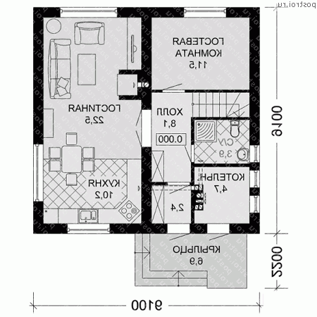M-125-1P проект одноэтажного коттеджа из газобетона с мансардой размером 9 на 9 - 1-й этаж