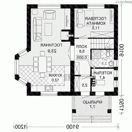 M-125-2P проект одноэтажного коттеджа из газобетона с мансардой размером 9 на 9  - 1-й этаж