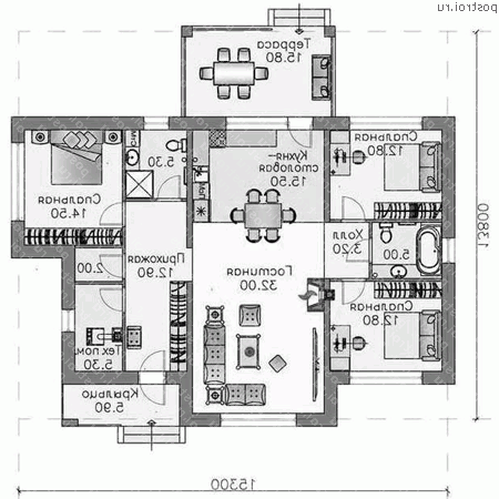 M-127-1P проект одноэтажного коттеджа из газобетона размером 15 на 14 - 1-й этаж
