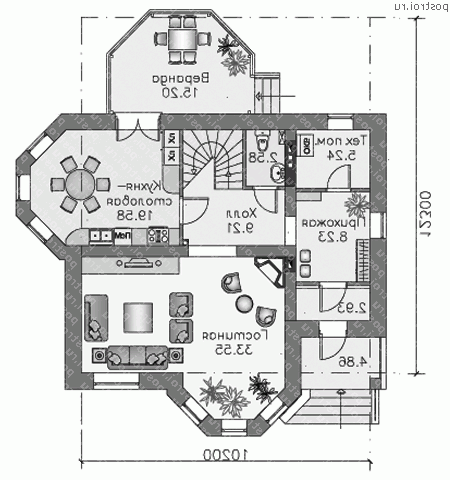 M-167-2P проект двухэтажного дома из пеноблоков размером 12 на 10 - 1-й этаж