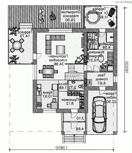 M-170-1P проект двухэтажного дома из пеноблоков с гаражом размером 17 на 14  - 1-й этаж