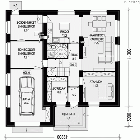 M-193-1P проект двухэтажного коттеджа из пенобетона с гаражом размером 13 на 14 - 1-й этаж