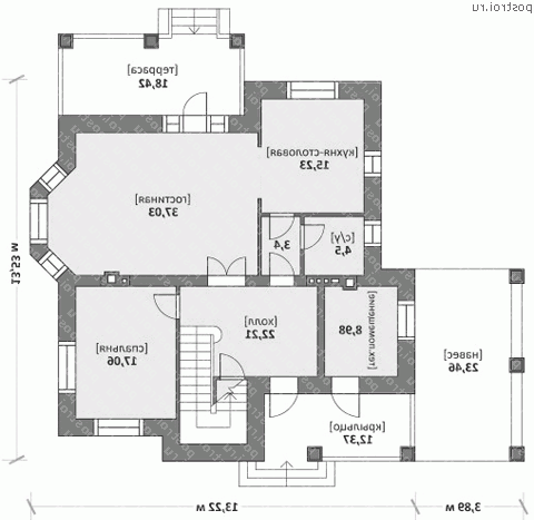 M-199-1K проект двухэтажного коттеджа из кирпича с гаражом размером 14 на 13  - 1-й этаж