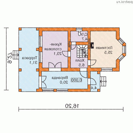 M-209-1K проект двухэтажного дома из кирпича с цоколем и мансардой размером 9 на 16  - 1-й этаж