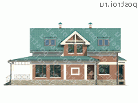 M-209-1K проект двухэтажного дома из кирпича с цоколем и мансардой размером 9 на 16  - вид спереди