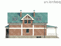 M-209-1K проект двухэтажного дома из кирпича с цоколем и мансардой размером 9 на 16  - вид сзади