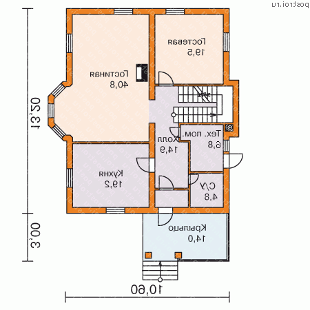 M-262-2P проект одноэтажного дома из пеноблоков с мансардой размером 13 на 11  - 1-й этаж