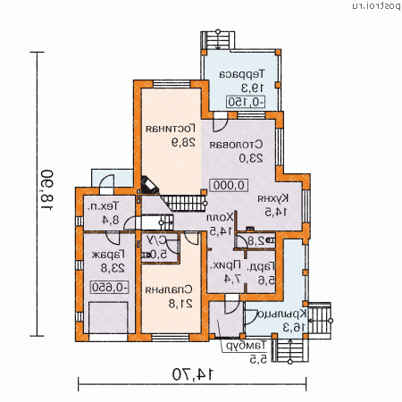 M-284-1K проект двухэтажного дома из кирпича с гаражом размером 19 на 15 - 1-й этаж