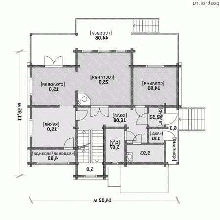M-327-1D проект двухэтажного деревянного дома из бруса с цоколем размером 14 на 12  - 1-й этаж
