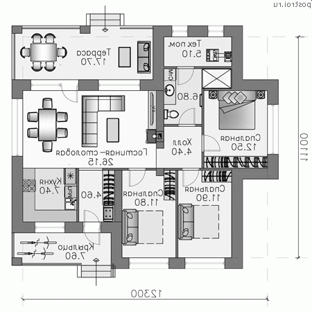 N-103-1P проект одноэтажного коттеджа из пенобетона размером 12 на 11  - 1-й этаж