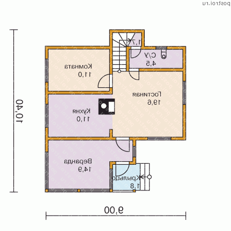 N-109-1D проект одноэтажного деревянного коттеджа из бруса с мансардой размером 10 на 9 - 1-й этаж
