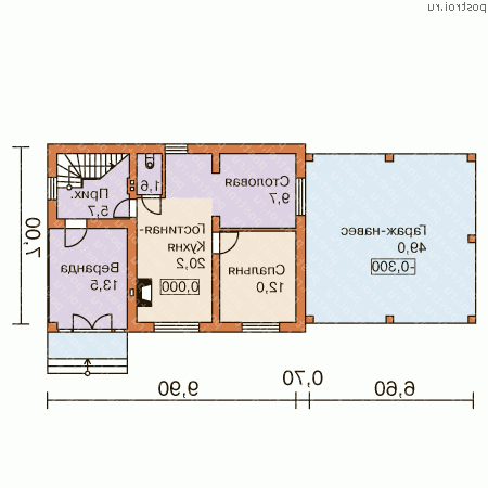 N-112-1P проект двухэтажного коттеджа из пенобетона с гаражом размером 7 на 10  - 1-й этаж