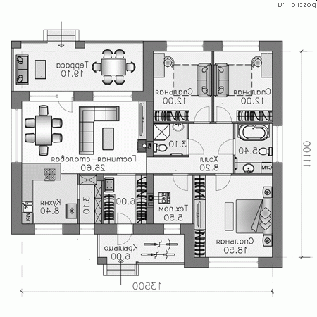N-120-1P проект одноэтажного коттеджа из газобетона размером 14 на 11  - 1-й этаж
