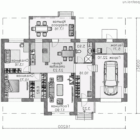 N-123-1P проект одноэтажного коттеджа из газобетона с гаражом размером 13 на 16  - 1-й этаж