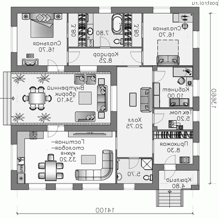 N-141-1P проект одноэтажного дома из газобетона размером 14 на 14  - 1-й этаж