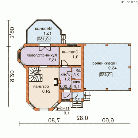 N-142-1P проект двухэтажного дома из газобетона с гаражом размером 9 на 8  - 1-й этаж