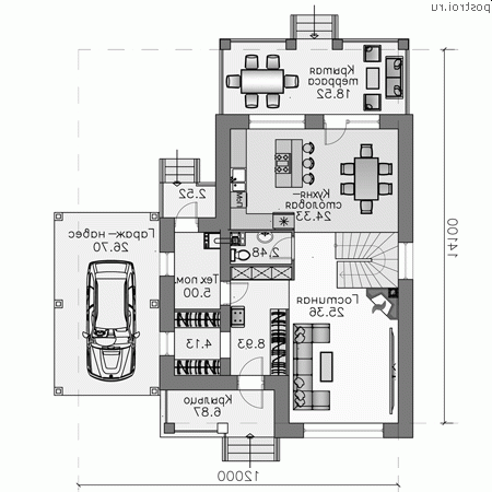 N-143-1P проект двухэтажного дома из газобетона с гаражом размером 12 на 14  - 1-й этаж