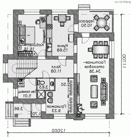 N-170-1P проект двухэтажного дома из пеноблоков размером 12 на 12  - 1-й этаж