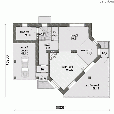 N-180-1P проект двухэтажного дома из пеноблоков с гаражом размером 12 на 16  - 1-й этаж