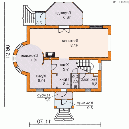 N-202-1K проект одноэтажного дома из кирпича с мансардой размером 16 на 12  - 1-й этаж