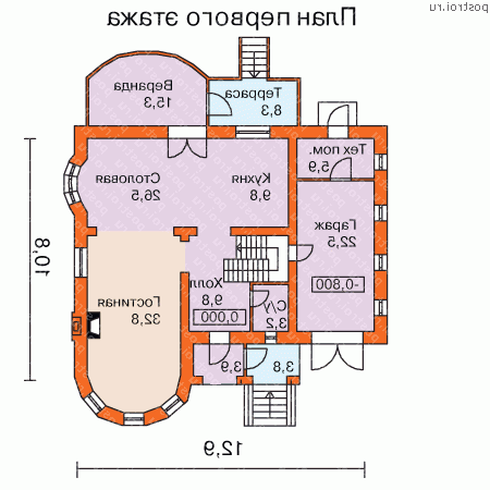 N-205-1P проект двухэтажного дома из пенобетона с гаражом размером 11 на 13  - 1-й этаж