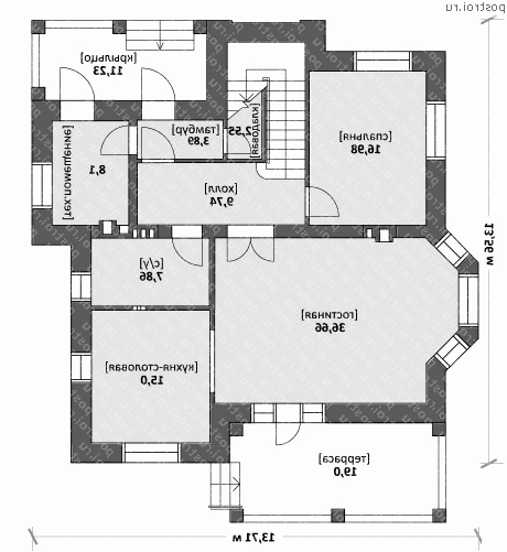 N-212-1K проект двухэтажного дома из кирпича размером 14 на 14  - 1-й этаж
