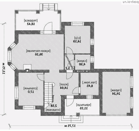 N-216-1K проект двухэтажного дома из кирпича с гаражом размером 14 на 18  - 1-й этаж