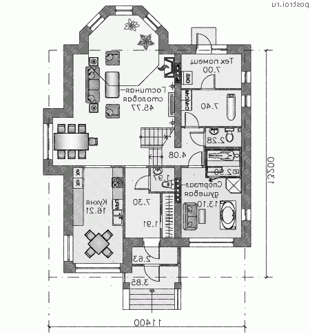 N-218-2K проект двухэтажного дома из кирпича размером 13 на 11  - 1-й этаж