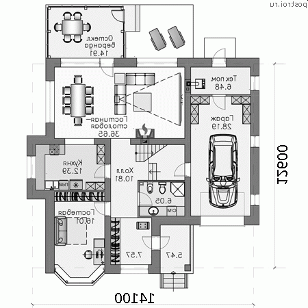 N-227-1P проект двухэтажного коттеджа из газобетона с гаражом размером 14 на 13  - 1-й этаж