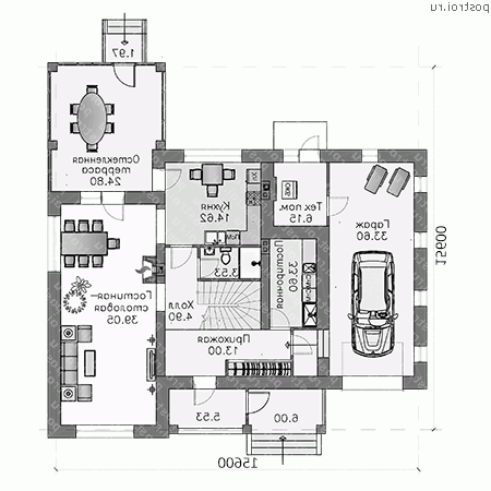 N-233-1P проект двухэтажного дома из газобетона с гаражом размером 16 на 16  - 1-й этаж