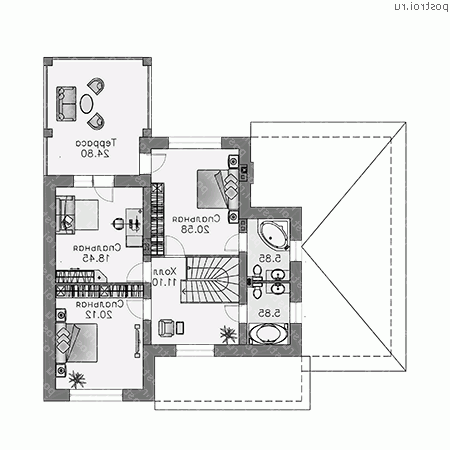 N-233-1P проект двухэтажного дома из газобетона с гаражом размером 16 на 16  - 2-й этаж