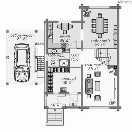 N-239-1D проект двухэтажного деревянного дома из бруса с цоколем и гаражом размером 14 на 12 - 1-й этаж