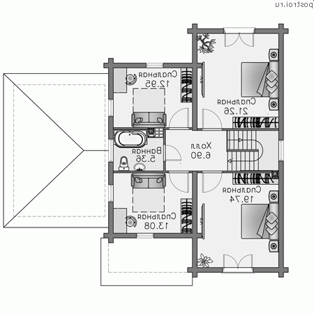 N-239-1D проект двухэтажного деревянного дома из бруса с цоколем и гаражом размером 14 на 12 - 2-й этаж