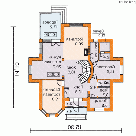 N-241-1P проект двухэтажного коттеджа из пенобетона с мансардой размером 14 на 15  - 1-й этаж
